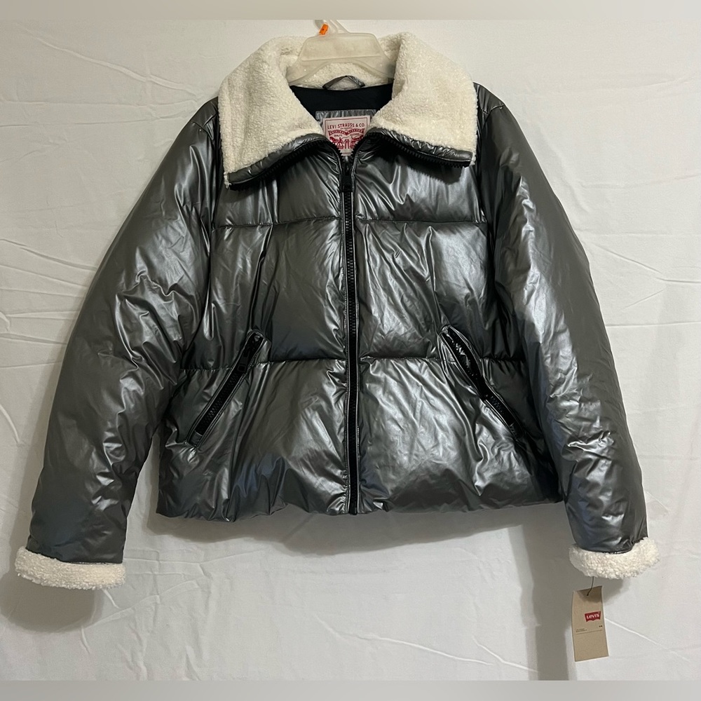 Levi’s metalic bomber jacket with white Sherpa